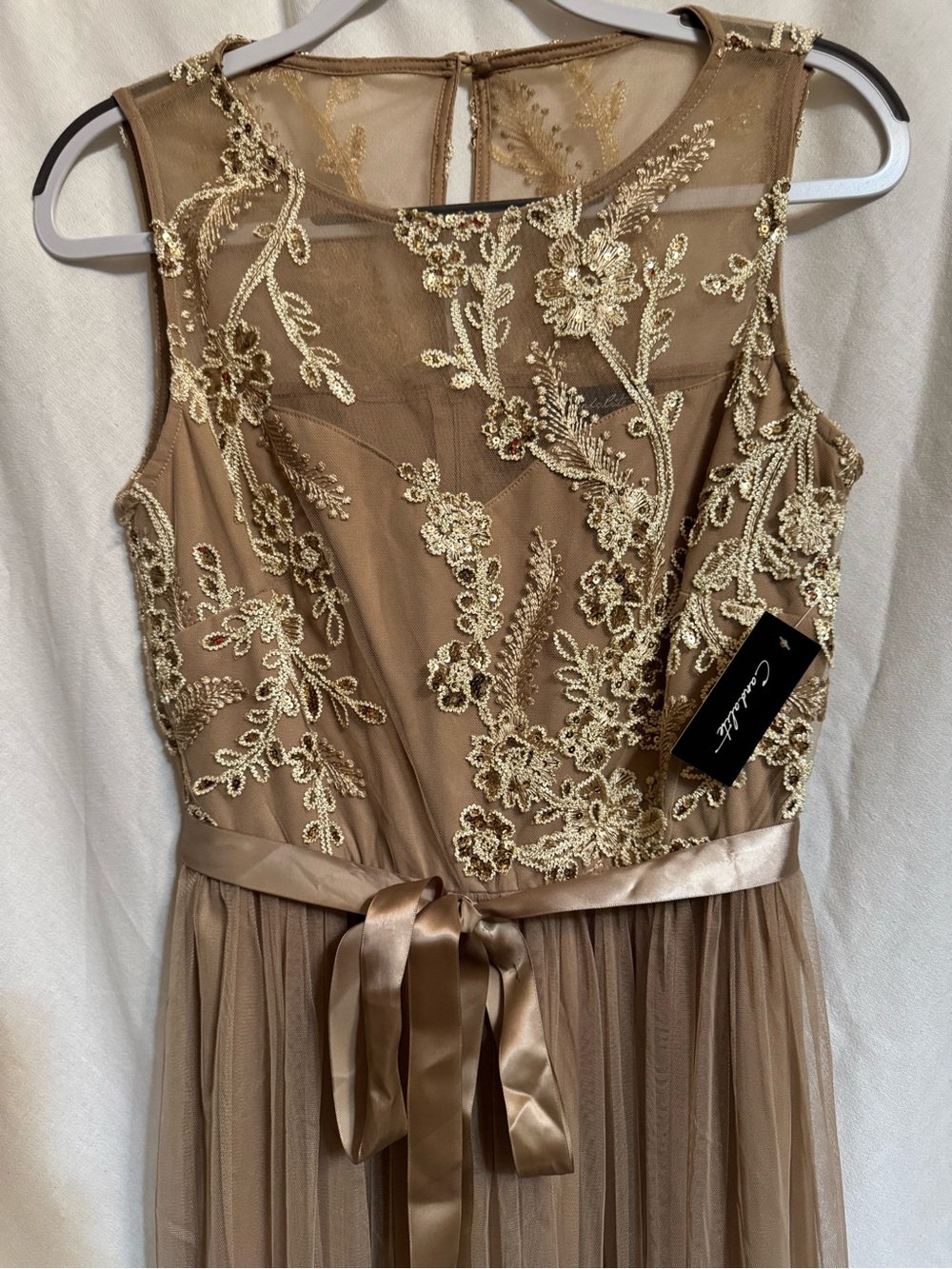 Candie's Gold Champagne Embroidered Tulle Prom Dress